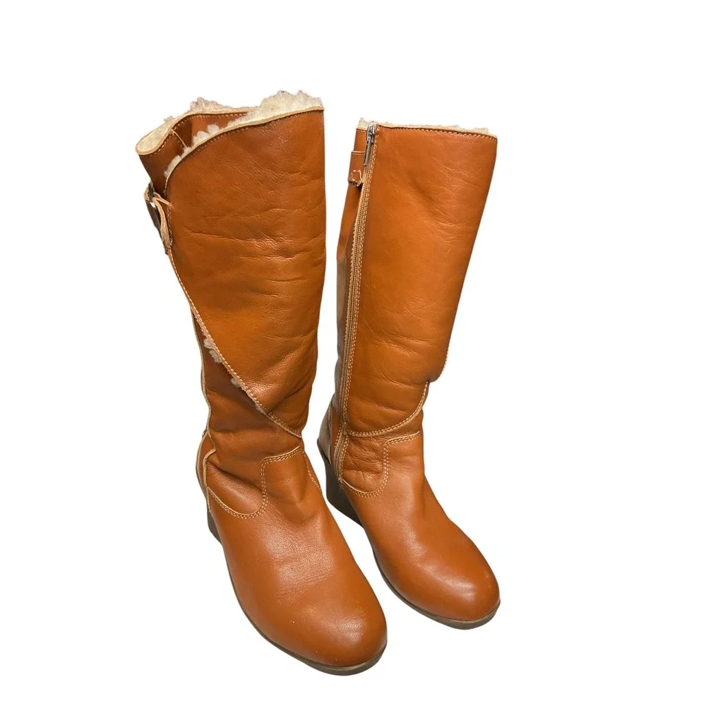 UGG Corinth Shearling Lined Wedge Knee High Leather Buckle Zip Wedge Boots Sz 10